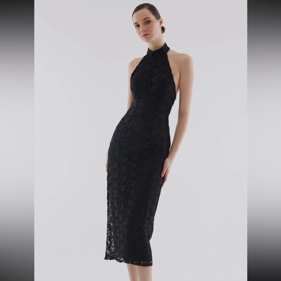 07 Halter Neck Lace Black Midi Dress with Back Detail - Picture 3 of 4